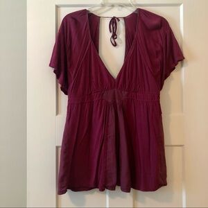 Burgundy, deep v, open back silk BCBGirls L blouse